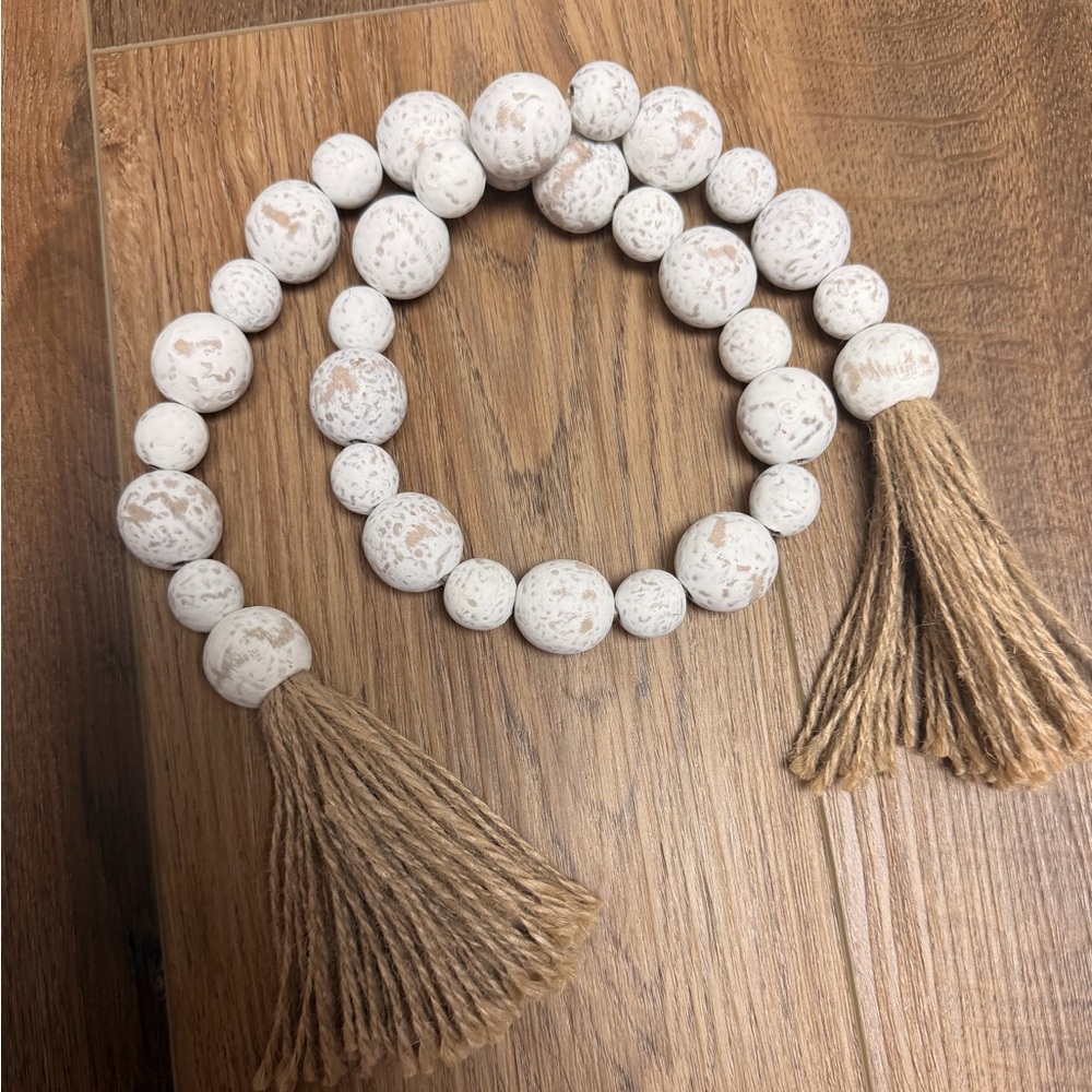 Distressed White Wash Wood Beaded Garland with Jute Tassels